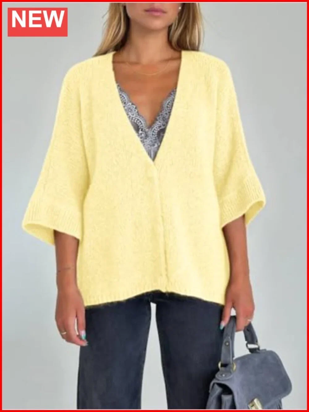 Oversized Short Sleeve Button Up V Neck Knit Cardigan Sweater